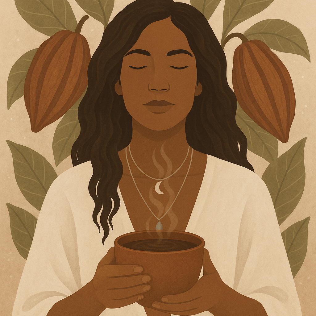 Zeremonieller Kakao 250 g – warmes, sandfarbenes Design mit weiblicher Illustration