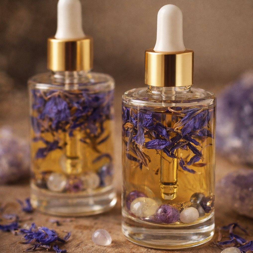Blue Lotus Ritualöl in 40 ml Glasflasche mit goldener Pipette und getrockneten Blue-Lotus-Blüten