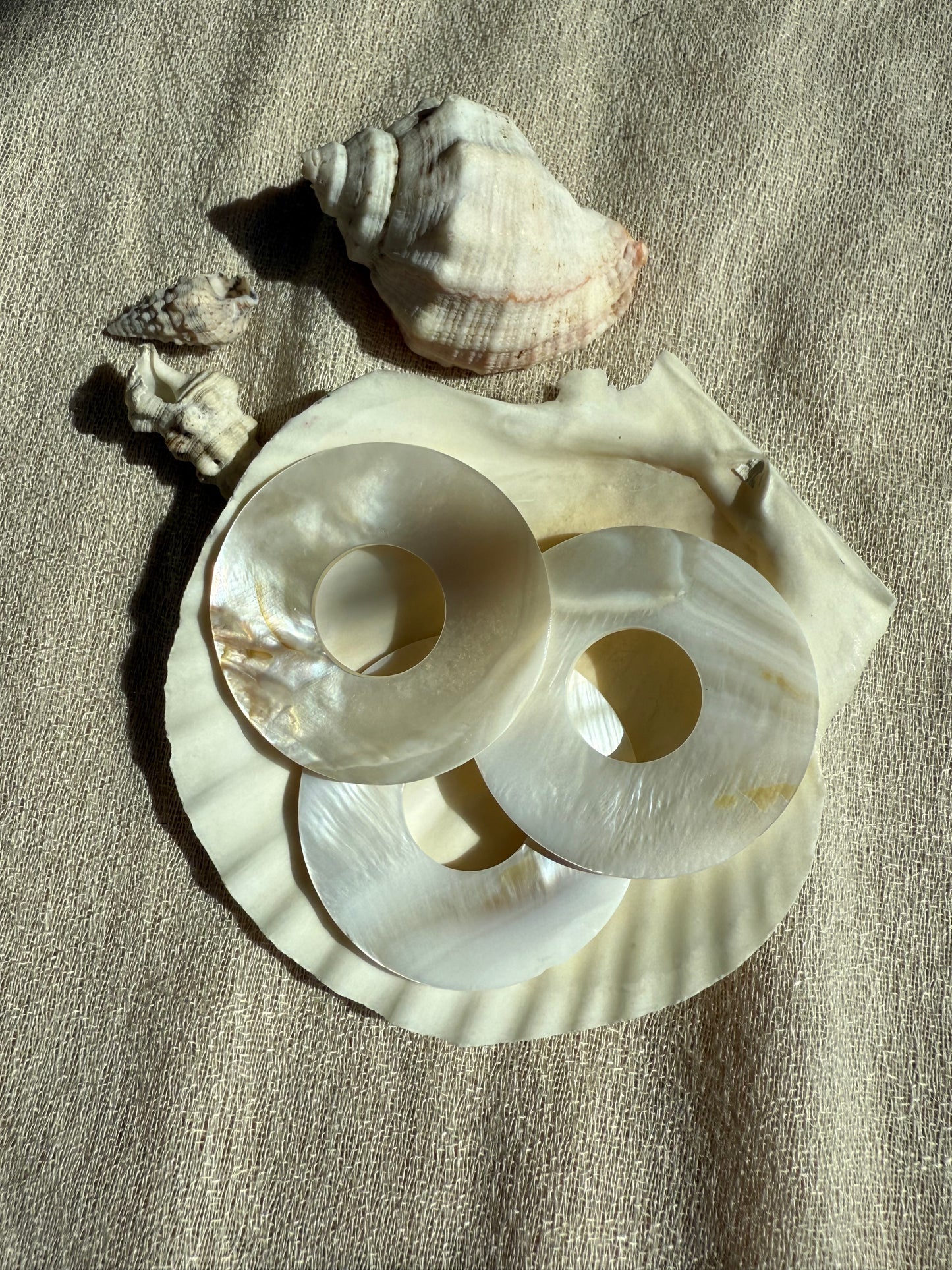 Runder Perlmutt-Anhänger in Muscheloptik, glänzend, mit natürlichem Schimmer – Shell of Light von Aruna Sol