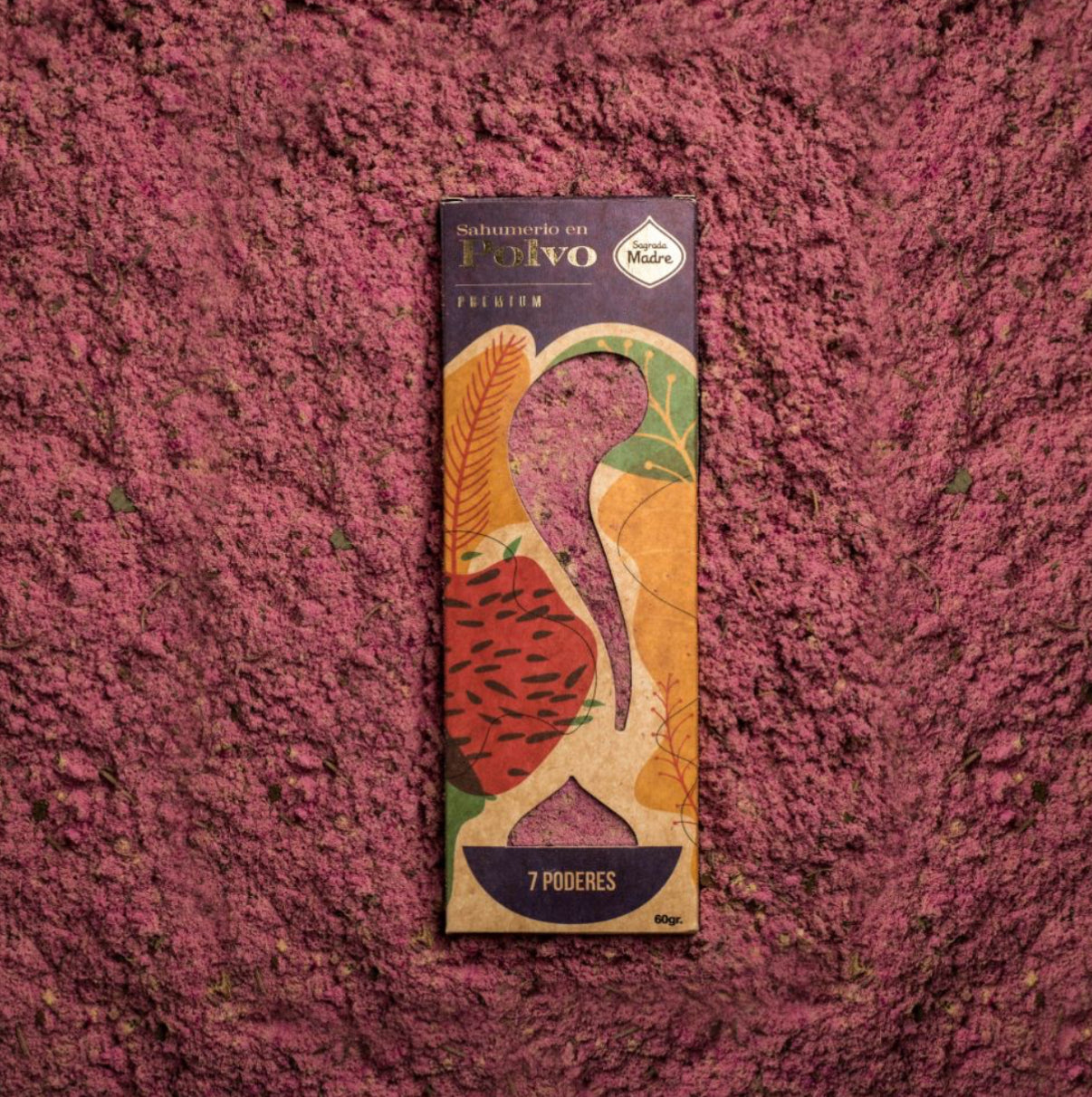 Sagrada Madre Sahumerio en Polvo 7 Poderes – Räucherpulver auf violettem Untergrund