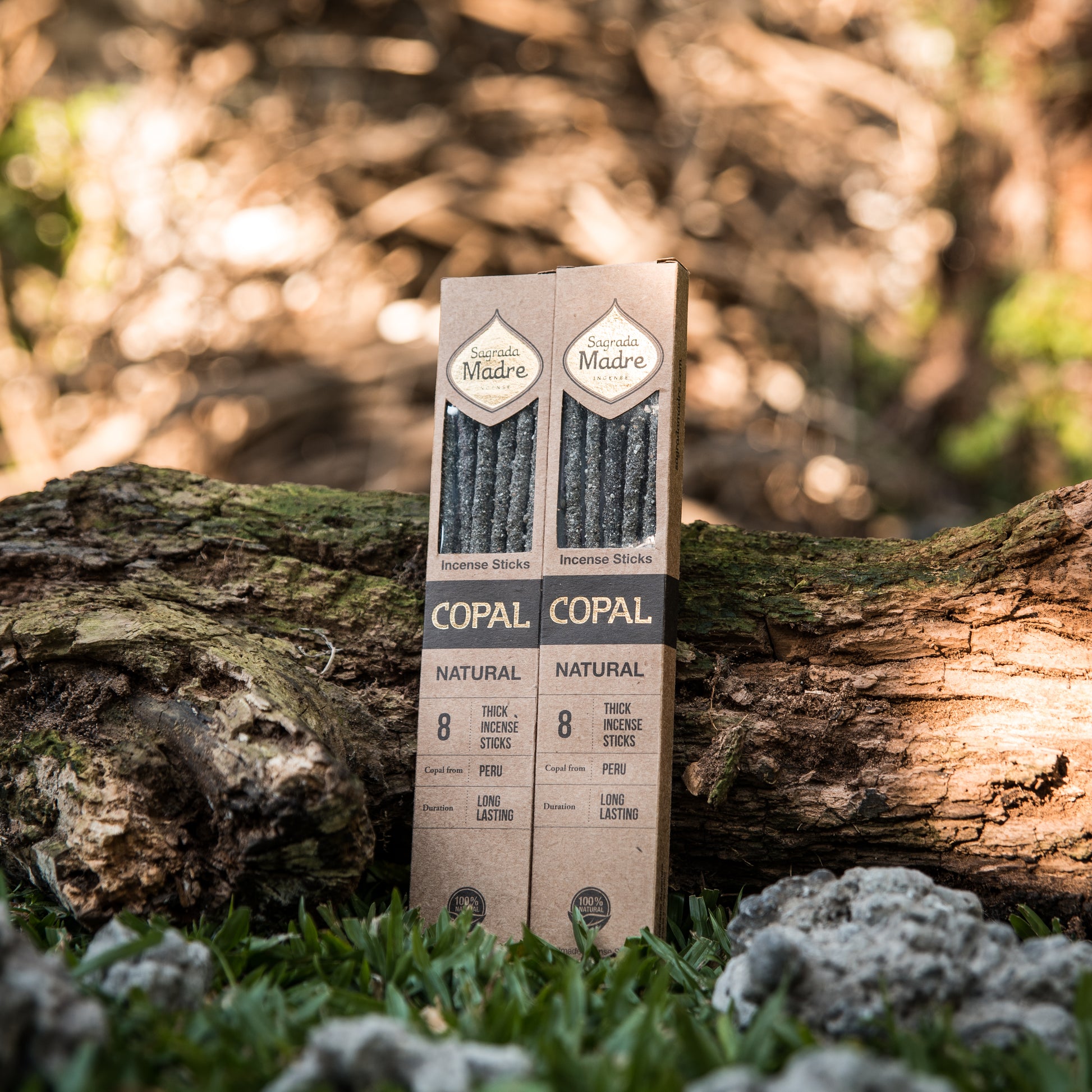 Sagrada Madre Copal Räucherstäbchen – Packung mit 8 Sticks aus peruanischem Harz auf Holzuntergrund