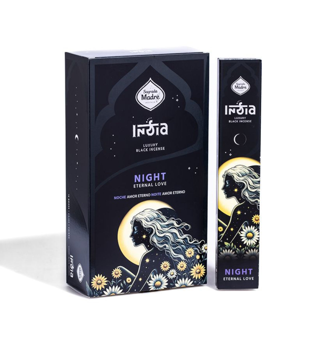 Sagrada Madre Inca Night Eternal Love – luxuriöse schwarze Räucherstäbchen mit dunkler Verpackung und goldener Mondillustration
