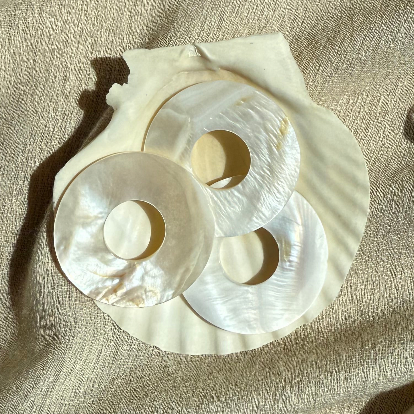 Kreisförmiger Perlmutt Anhänger mit schimmernder Oberfläche . Nahaufnahme.